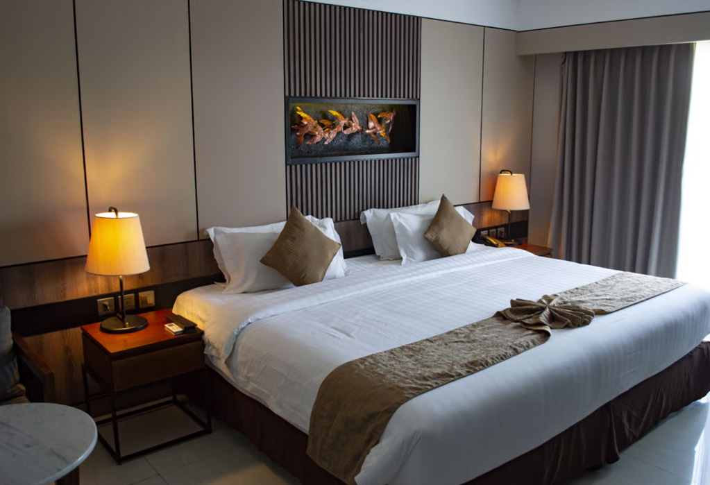 Five-star hotel lobby next to major sports venue